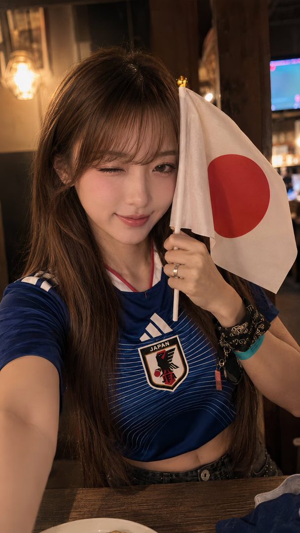 A young East Asian woman with long brown hair takes a playful selfie indoors while holding a small Japanese flag and wearing a cropped blue Japan national team jersey.