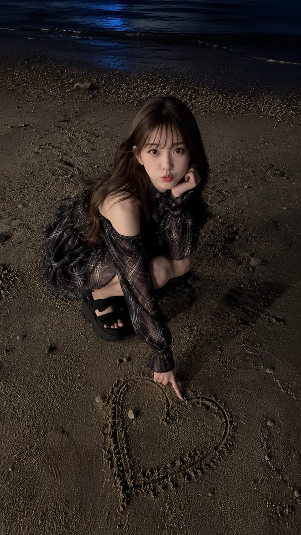 Young woman with long brown hair crouching on a dark nighttime beach, pointing at a heart drawn in the sand.