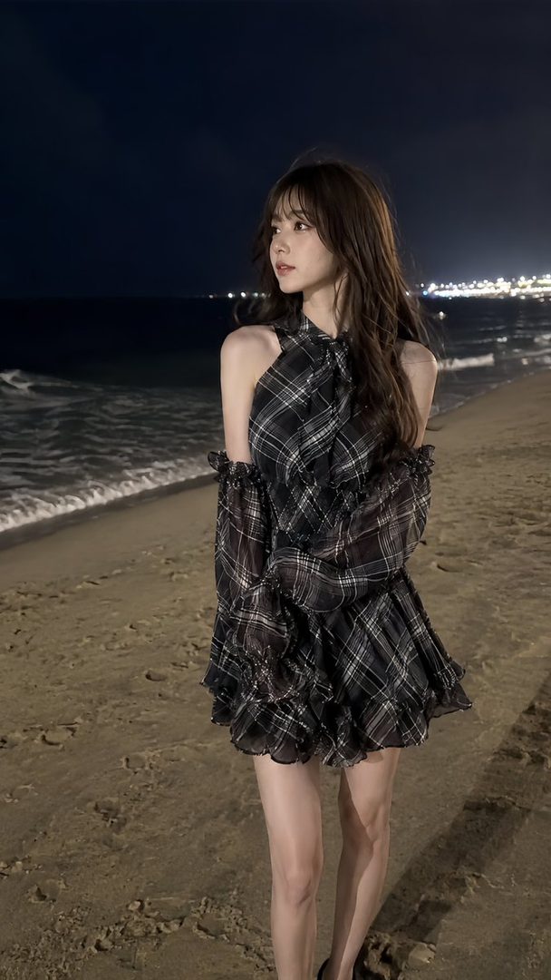 Young woman in a black plaid ruffled dress standing on a nighttime beach with ocean waves behind her.