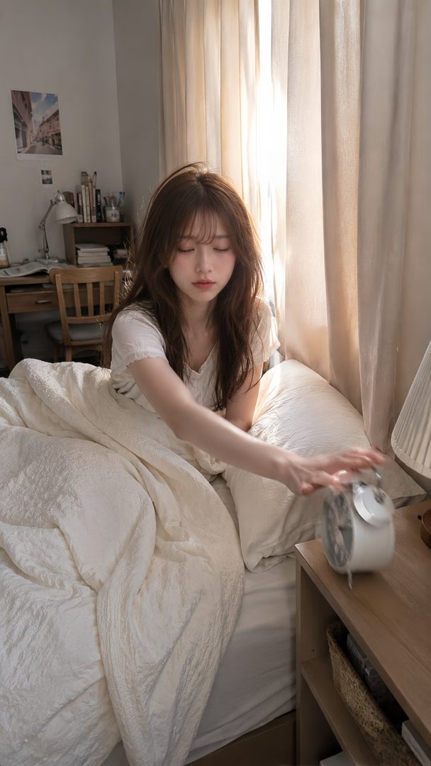 A young woman with long brown hair reaching for an alarm clock while lying in bed on a sunny morning.