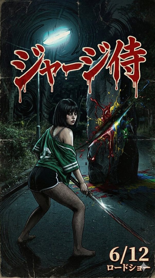 An anime-style illustration of a woman with a bob cut and fishnet stockings holding a katana, standing on a dark street with a streetlamp and a colorful, blood-splattered stone.