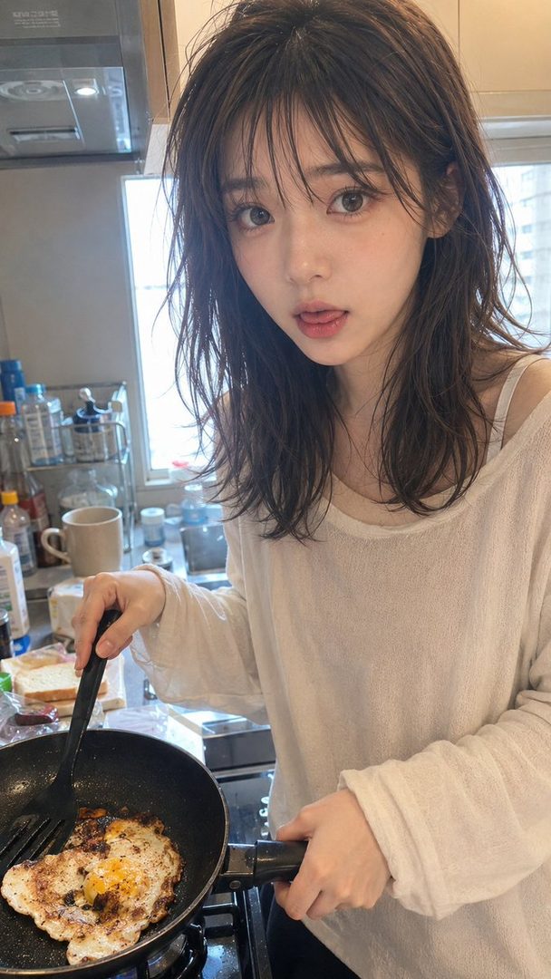 Young woman with messy brown hair cooking a burnt fried egg in a bright kitchen while looking toward the camera.