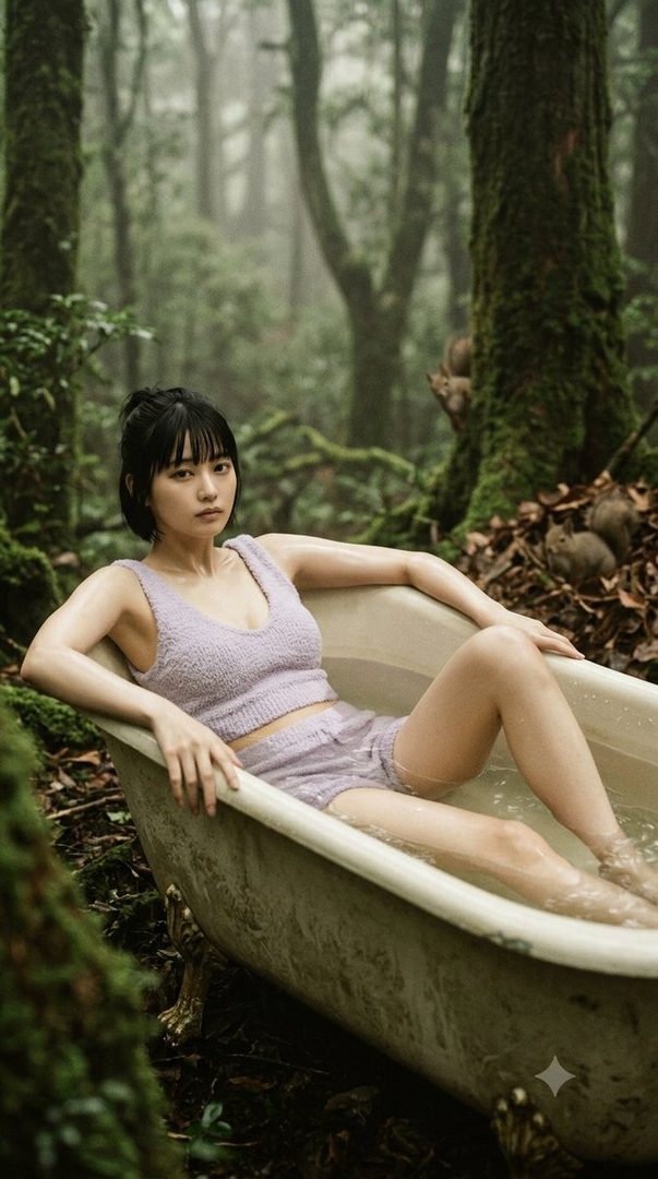 A young woman with black hair sits in a bathtub filled with water in the middle of a mossy forest, wearing a lavender knit top and shorts.
