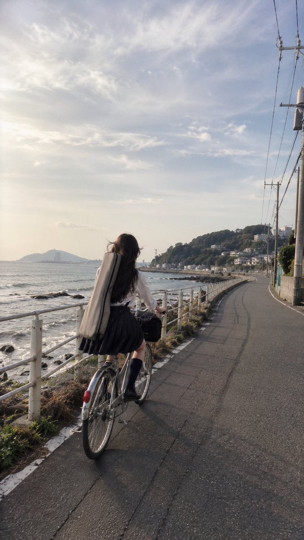 Woman with long black hair riding a bicycle along a scenic coastal road beside the sea at daytime.