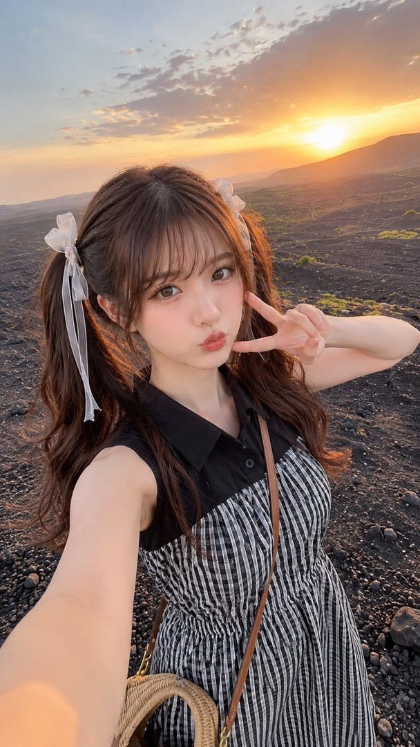 Young woman with brown twintails takes a selfie at golden hour on a rocky volcanic landscape while making a peace sign.