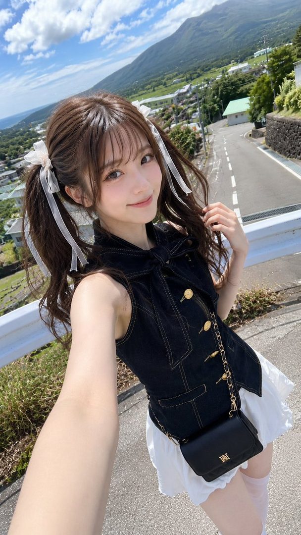 Young woman with long brown hair in ribboned pigtails taking a sunny selfie on a mountain road overlooking a scenic valley.