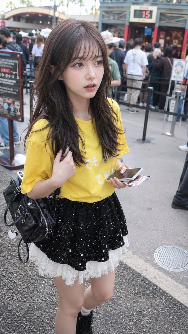 Young woman with long brown hair in a yellow t-shirt and black lace-trimmed skirt standing in a crowded outdoor street holding a smartphone.