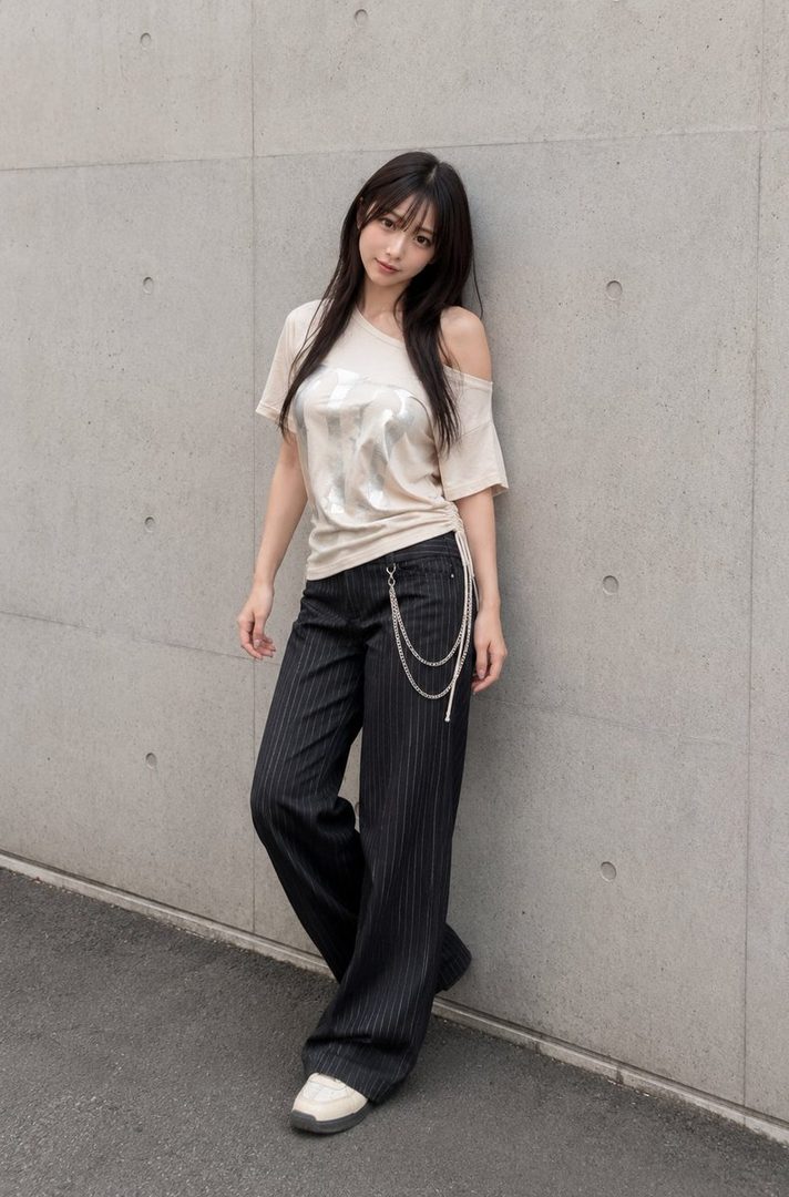 Young East Asian woman with long black hair posing in casual street fashion against a concrete wall, wearing an off-shoulder beige top and pinstripe wide pants.