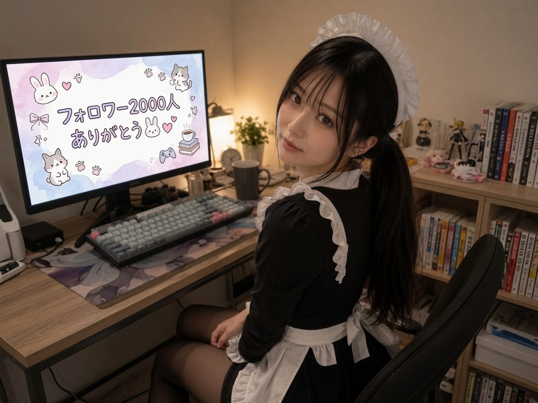 Young woman in a black-and-white maid outfit seated at a gaming desk, looking back over her shoulder with a gentle smile.