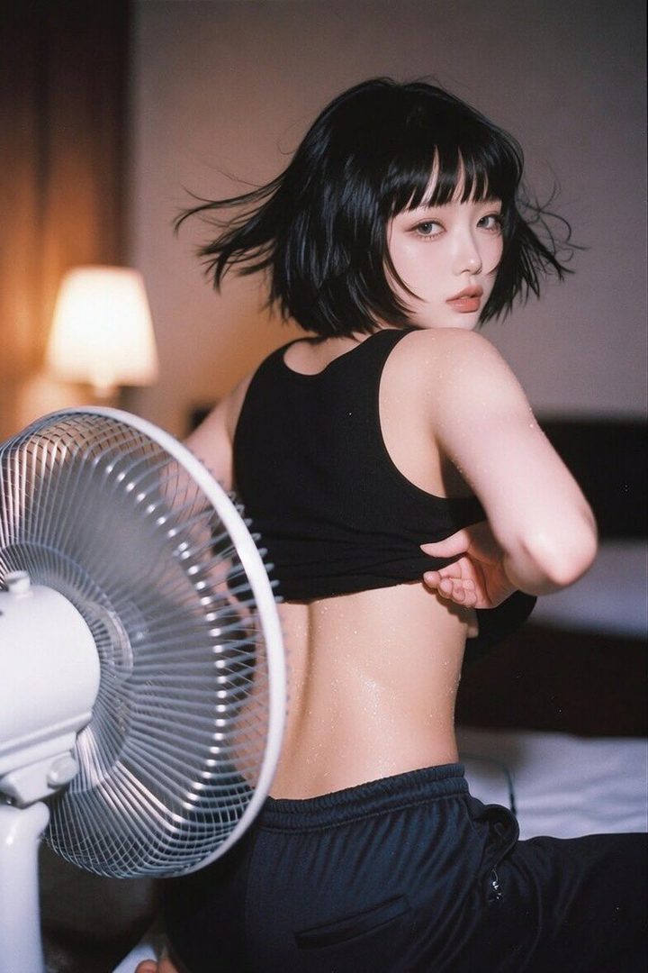 A woman with short black hair and bangs, wearing a black tank top and sweatpants, is seen from behind with sweat on her back, looking over her shoulder towards the viewer, with an electric fan in the foreground.