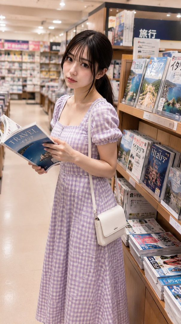 A young East Asian woman in a purple gingham dress holds an open Italy travel guide while standing in a bright bookstore aisle.