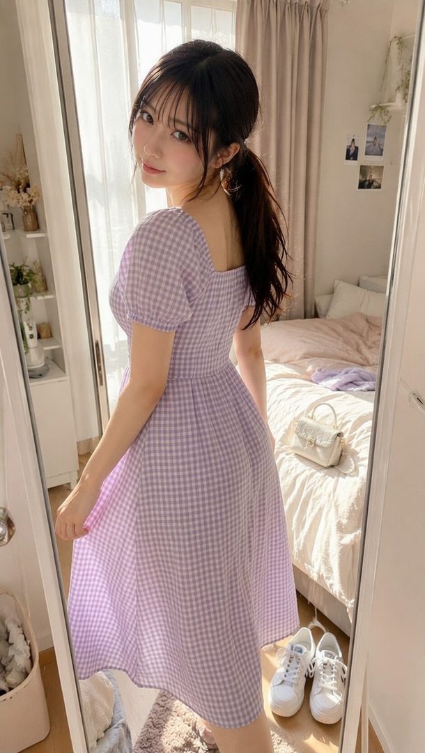 Young woman in a purple gingham dress posing indoors in a sunlit bedroom.
