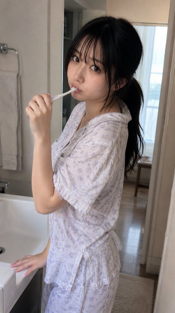 Young East Asian woman with black ponytail brushing her teeth in a bright bathroom wearing light purple floral pajamas.