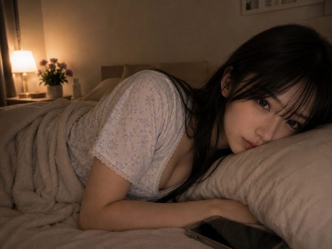 A young woman with long dark hair lying in bed at night, resting her head on a pillow and looking toward the camera in a softly lit bedroom.