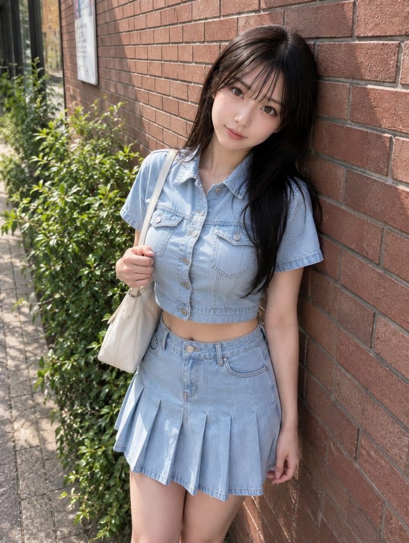 Young East Asian woman in light denim crop top and pleated mini skirt posing outdoors against a brick wall.