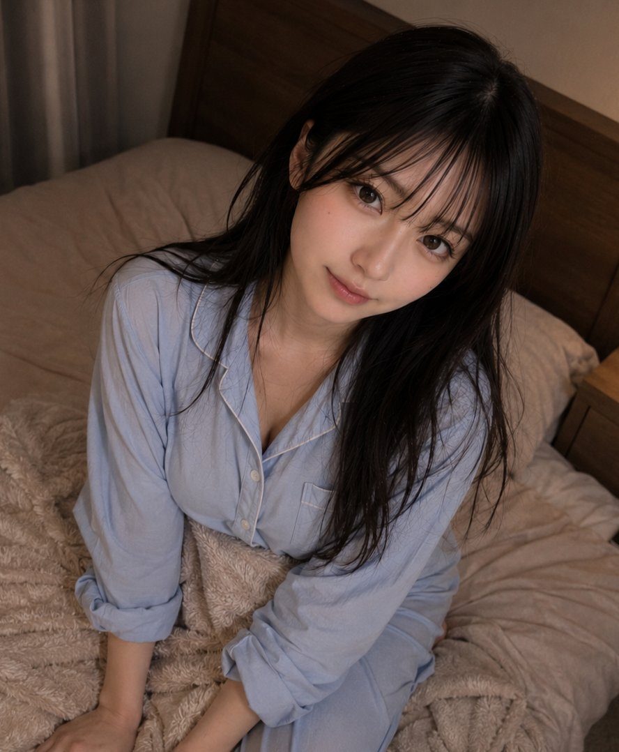 Young woman with long black hair in light blue pajamas sitting on a bed in a cozy bedroom, looking gently at the viewer.