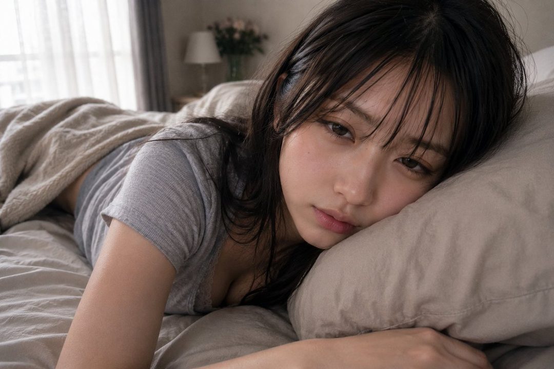 Young East Asian woman with long dark hair lying in bed, head resting on a pillow, wearing a gray t-shirt with a sleepy morning expression.