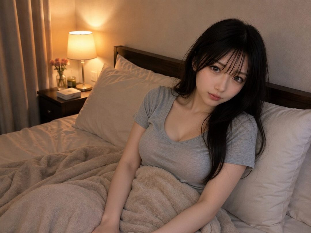 Young East Asian woman with long black hair in a gray t-shirt resting in bed under a blanket in a cozy nighttime bedroom.