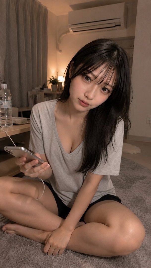 Young East Asian woman with long black hair sitting barefoot on a rug in a cozy room, holding a smartphone and looking toward the camera.