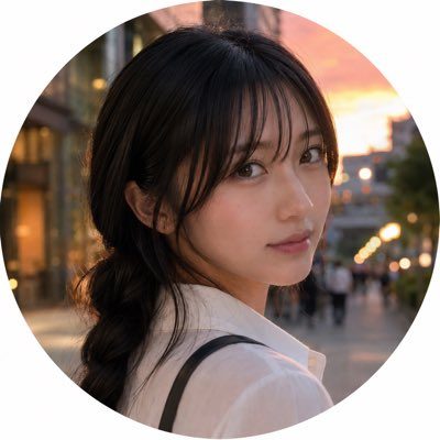 Young East Asian woman with long dark braided hair and bangs, wearing a white blouse, posing on a city street at sunset.