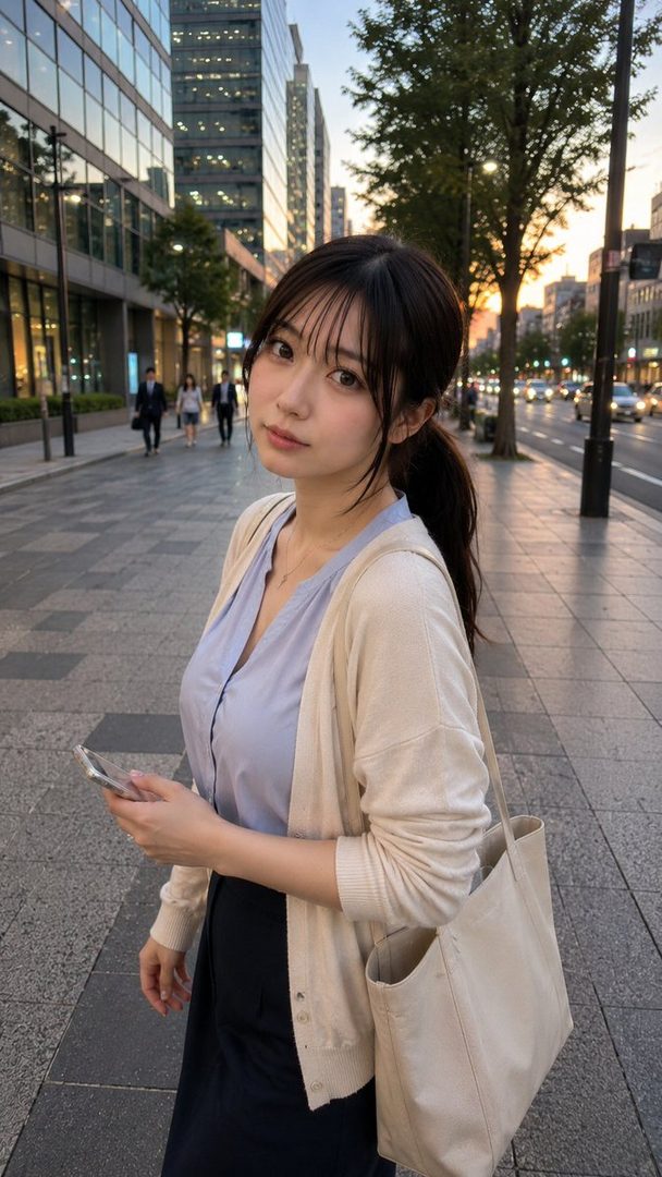 Young Japanese woman in a cream cardigan and black skirt standing on a city sidewalk at dusk while holding a smartphone.