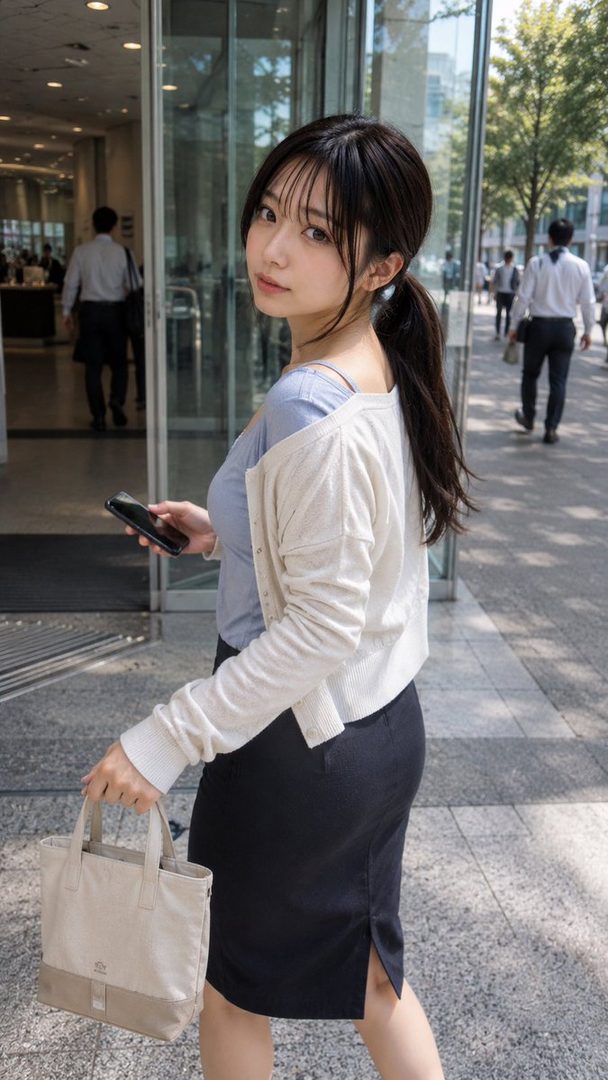 Young Japanese woman in business casual with ponytail standing outside a glass office building, looking back over her shoulder while holding a phone and tote bag.