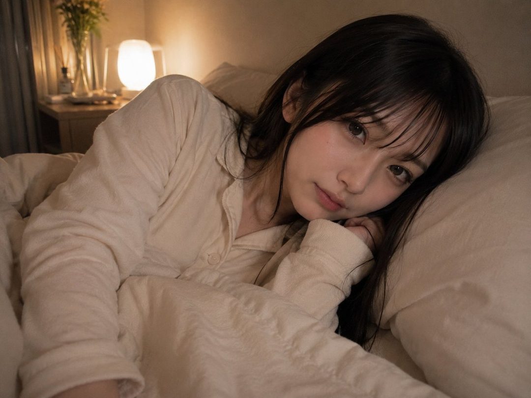 Young East Asian woman with long dark hair lying in bed wearing white pajamas, resting her head on a pillow in a softly lit cozy bedroom at night.