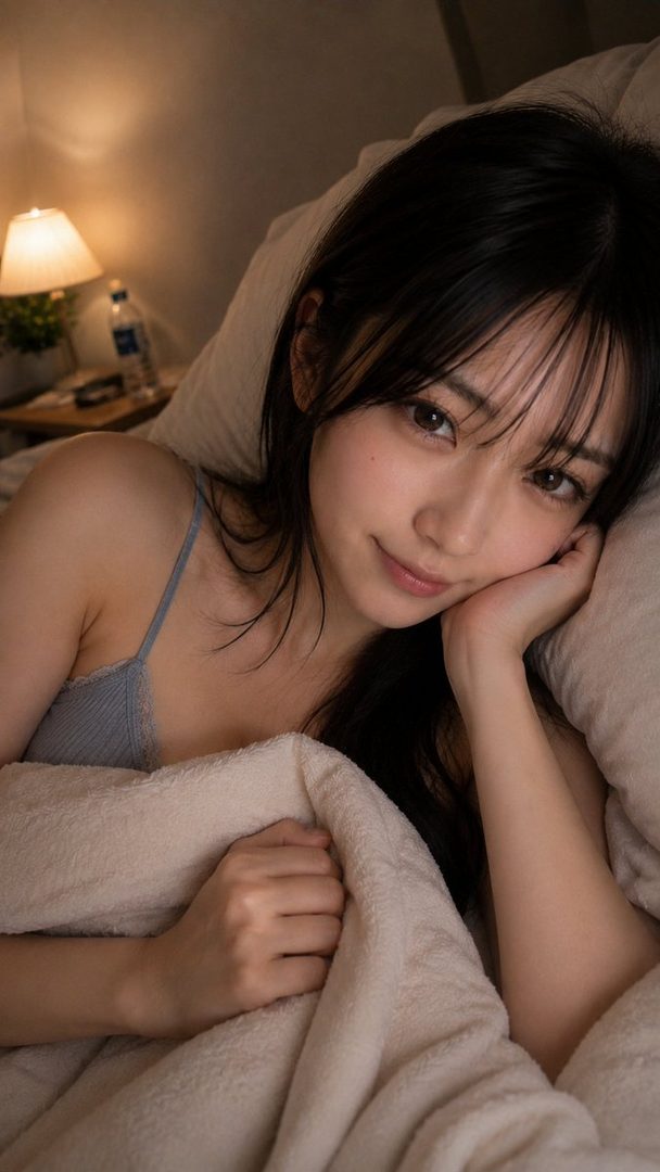 A young East Asian woman with long black hair lies in bed under a soft blanket, resting her head on a pillow and smiling gently at the viewer in warm lamplight.