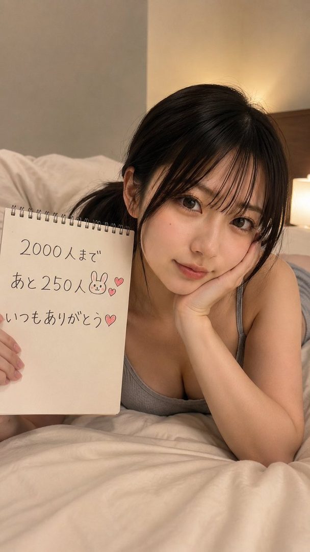 A young East Asian woman with long dark hair in a ponytail lies on a bed holding a notebook with Japanese text, wearing a gray tank top in soft bedroom lighting.