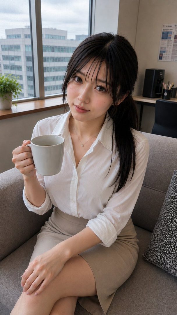 Young Japanese woman with long black hair in a ponytail, wearing a white blouse and beige skirt, sitting on a couch holding a coffee mug in a bright office lounge.