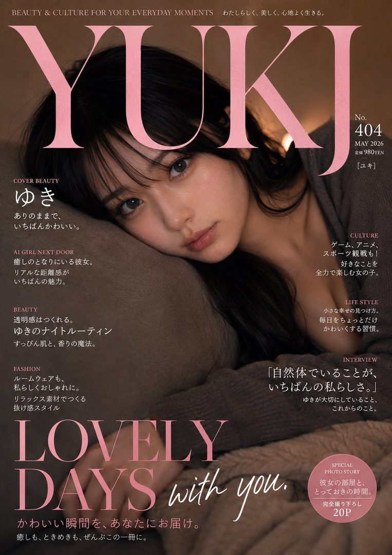 Close-up studio portrait of a young East Asian woman with long dark hair on the cover of YUKI magazine issue 404.