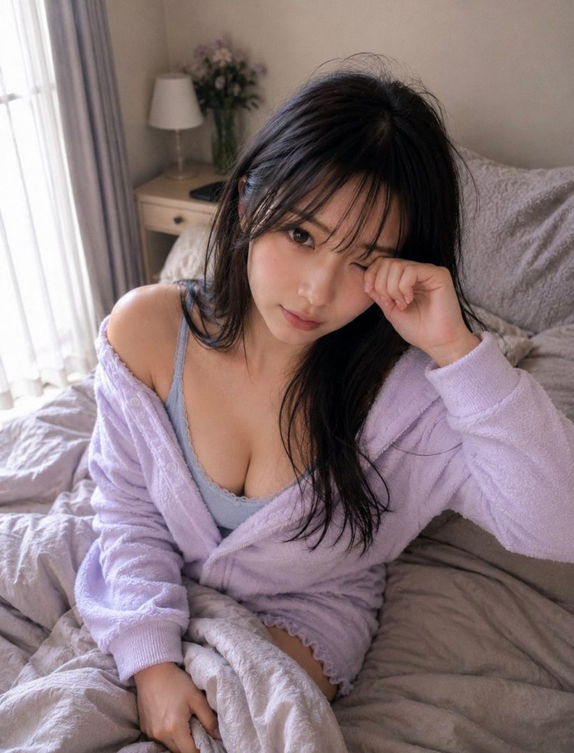 Young woman with long black hair in a purple fuzzy robe sitting up in bed with a sleepy morning expression.