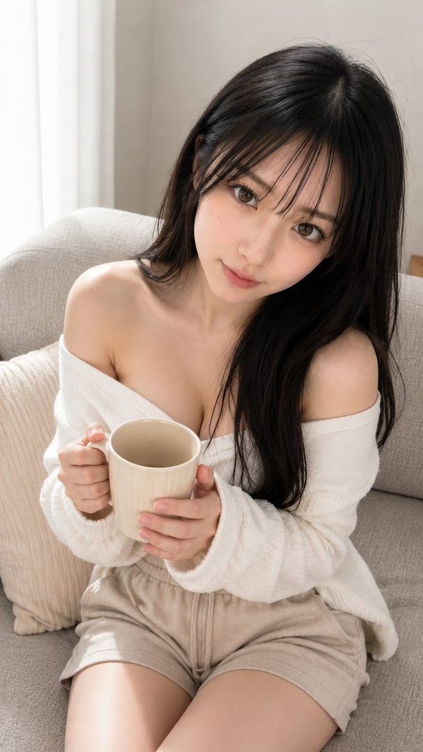 A young East Asian woman with long black hair sits on a couch holding a beige mug, wearing an off-shoulder white sweater.