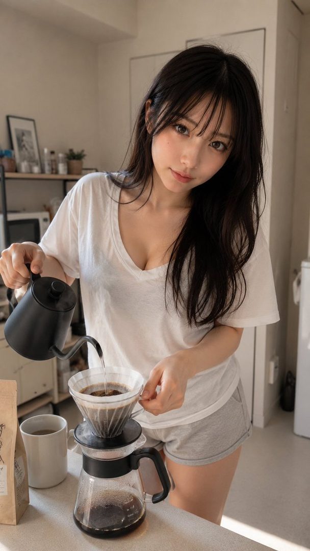A young East Asian woman with long black hair pours coffee from a kettle in a bright modern kitchen.