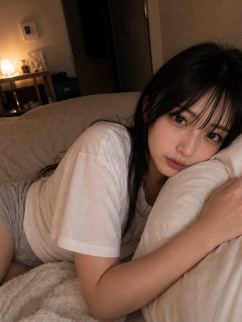 A young East Asian woman with long black hair lies on a bed in a dimly lit bedroom, resting her head on a pillow while wearing a white t-shirt.