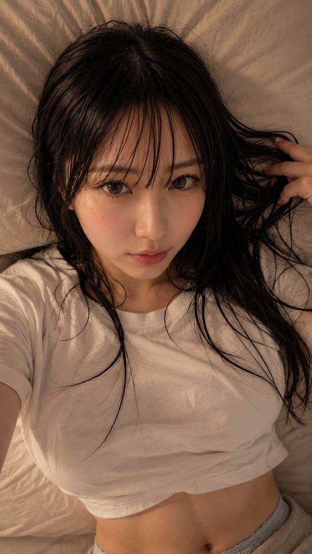 Young East Asian woman with long wet black hair taking a bedroom selfie while lying down in a white crop top after a bath.