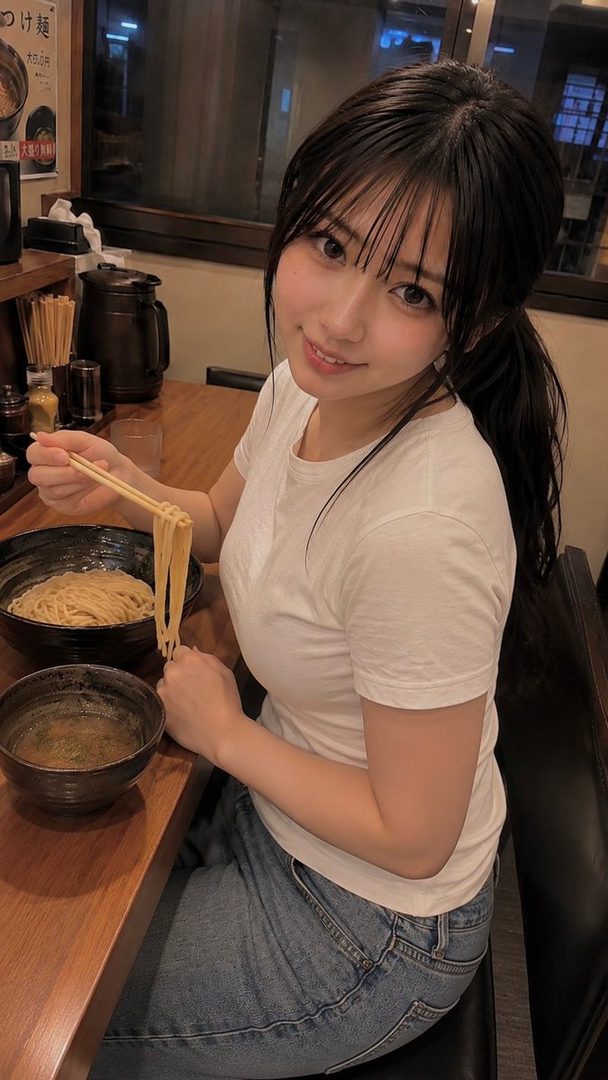 A young East Asian woman with long black hair in a casual white t-shirt and jeans, eating noodles with chopsticks at a wooden restaurant counter.