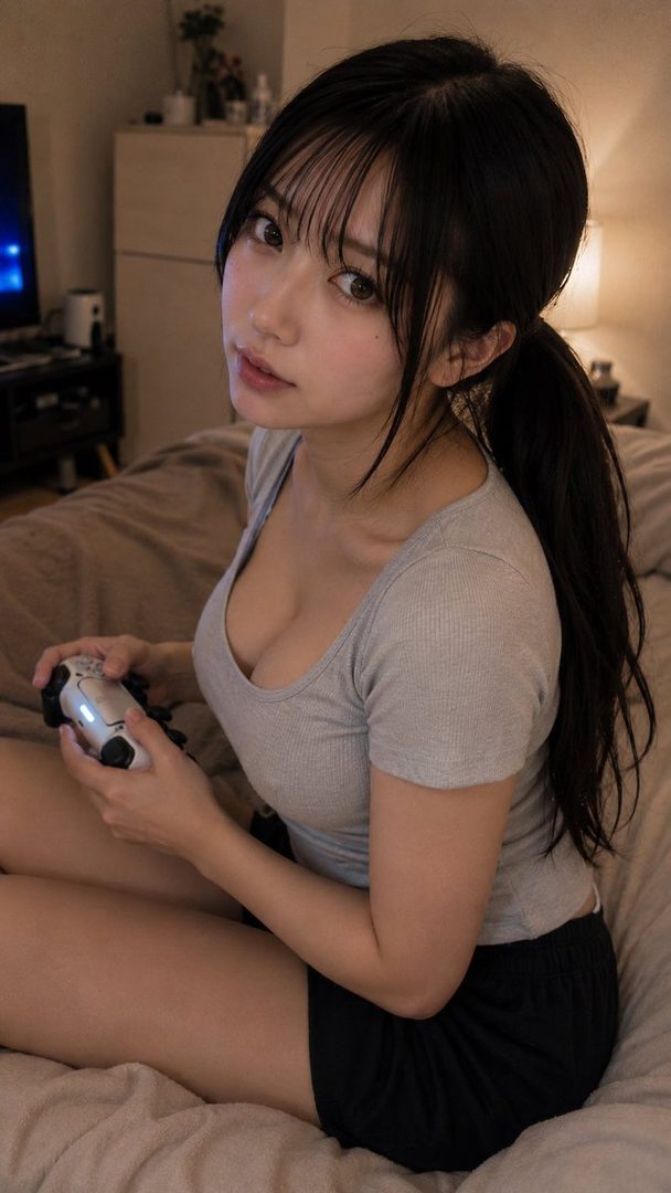 Young East Asian woman with long black ponytail hair holding a game controller while sitting on a bed in a cozy bedroom at night.