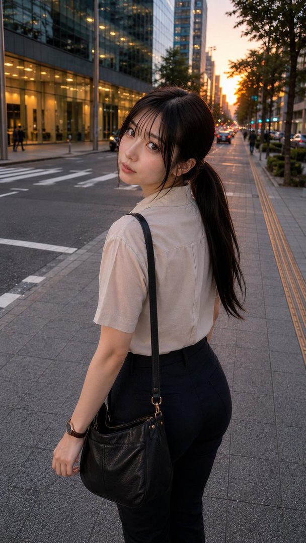 A young woman with long dark hair in a ponytail stands on an urban street at sunset, glancing back over her shoulder while carrying a black bag.