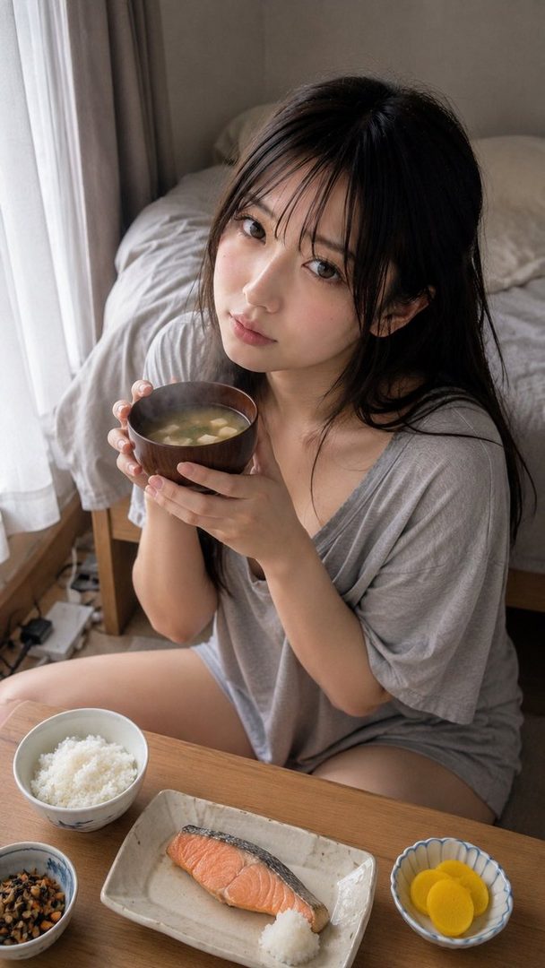 Young Japanese woman in a loose gray t-shirt sitting on the bedroom floor holding a bowl of miso soup beside a Japanese breakfast tray.
