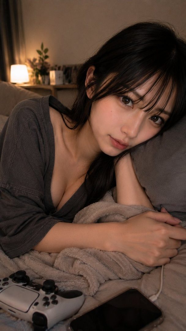 Young woman with long black hair lying in bed wearing a loose gray top, with a game controller nearby, looking relaxed at night.