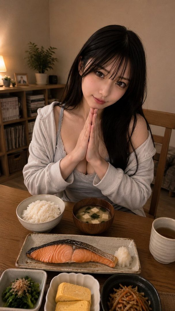 A young East Asian woman with long black hair sits at a wooden table with a traditional Japanese breakfast, hands clasped in front of her chest.