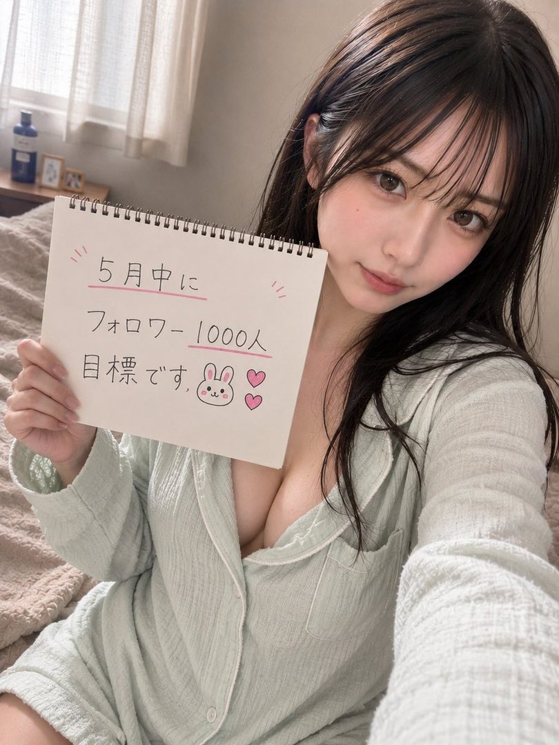 Young woman in a light green low-cut top taking a bedroom selfie while holding a notebook with a Japanese follower goal message.