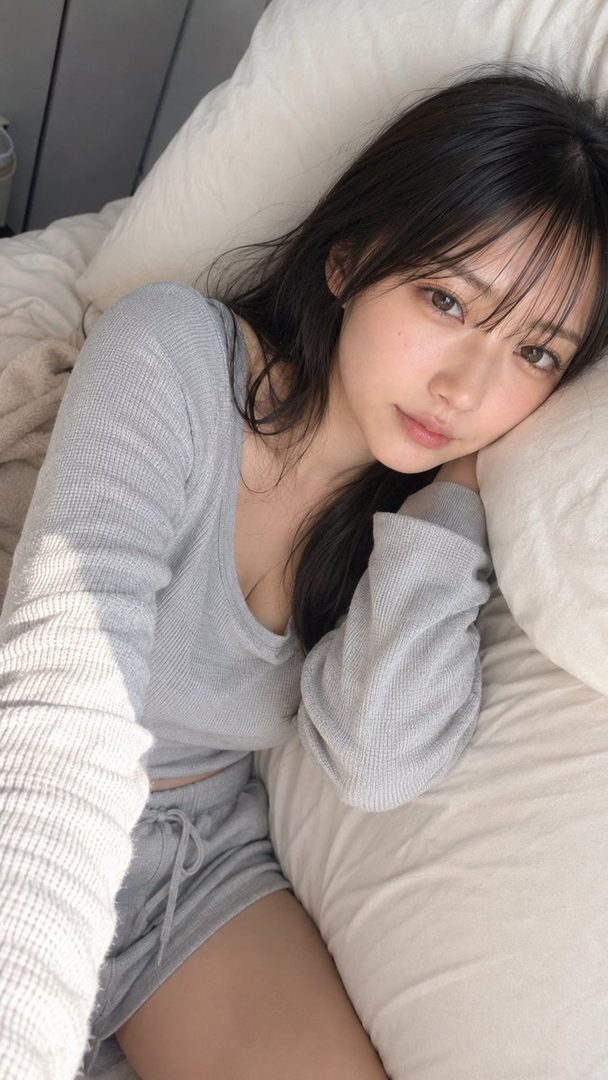 Young woman with long black hair taking a casual morning selfie while lying in bed wearing a gray knit top.