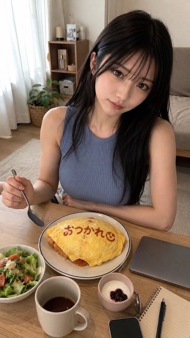 Young East Asian woman with long black hair sitting at a wooden table enjoying a Japanese omurice lunch.