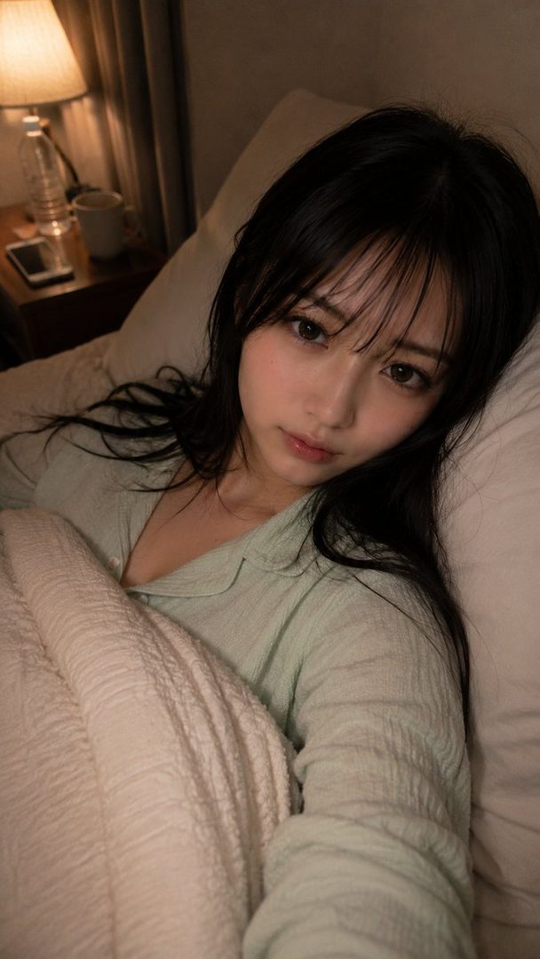 Young woman with long black hair taking a cozy bedtime selfie while lying in bed under soft lamp light.