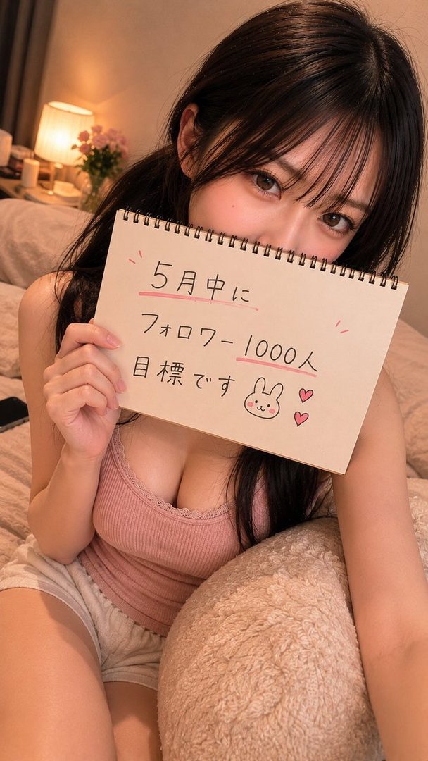 Young Japanese woman with long dark hair holding a notebook with Japanese text in a cozy bedroom at night.