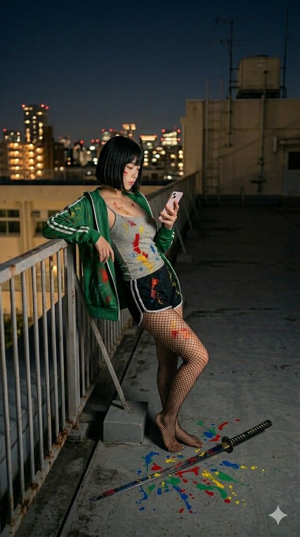 A woman with a bob haircut and paint-splattered clothes leans on a railing on a city rooftop at night, looking at her phone, with a katana lying on the ground next to colorful paint splatters.