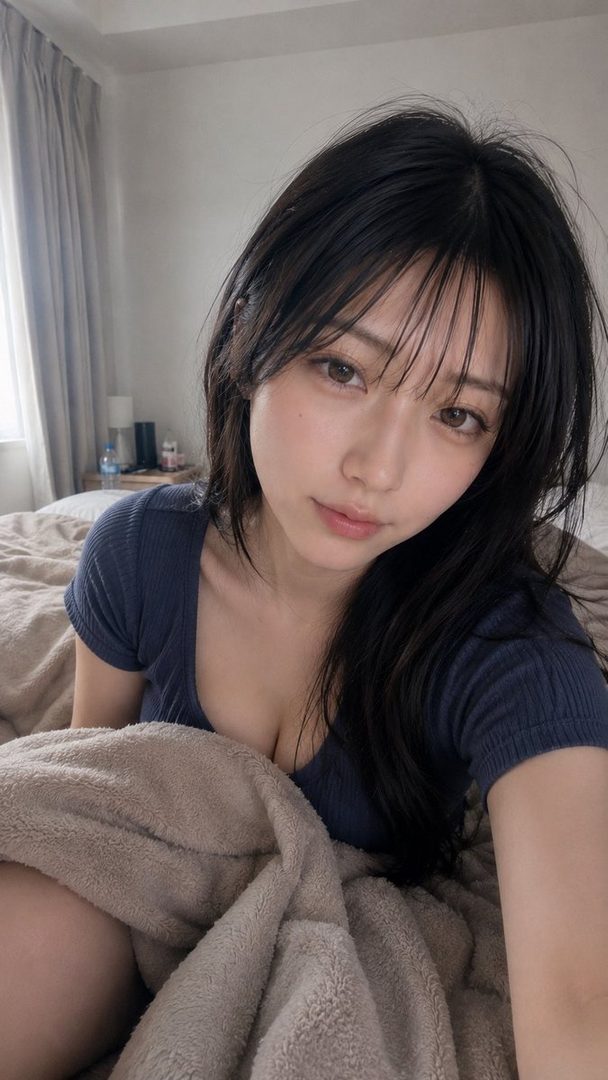 Young Japanese woman with long black hair taking a sleepy morning selfie in bed wearing a blue top.
