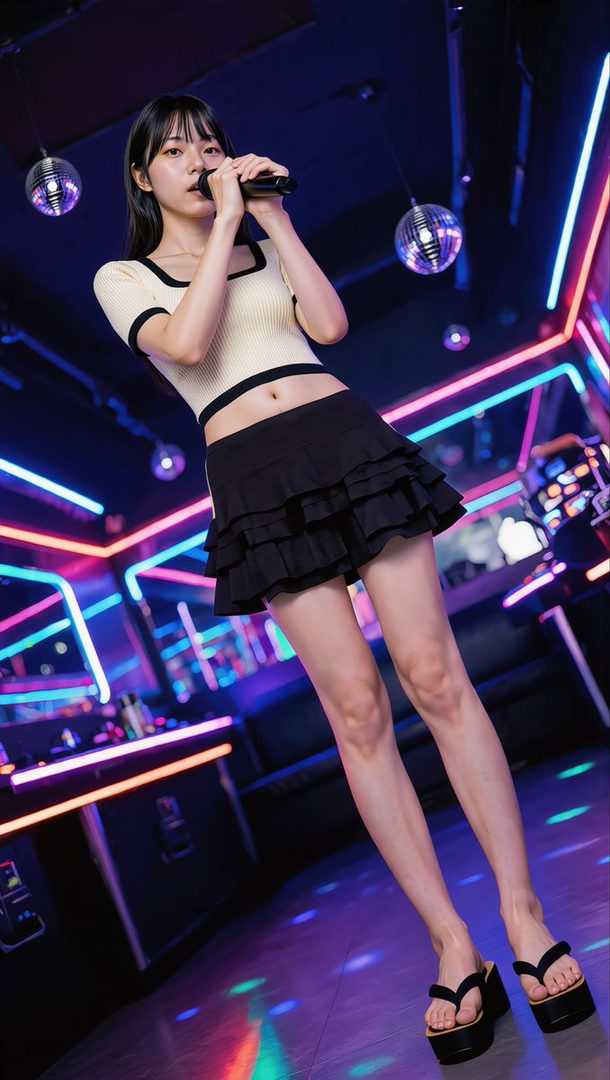 Young East Asian woman singing passionately into a microphone in a vibrant neon-lit karaoke lounge wearing a cropped top and ruffled mini skirt.